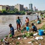 **

A group of diverse people (adults and children) are cleaning up a riverbank, collecting trash. Some are planting trees. The river is flowing with fairly clean water and some fish can be seen. The background shows a cityscape blending with nature, symbolizing community involvement in environmental restoration. The overall tone is hopeful and bright.

**