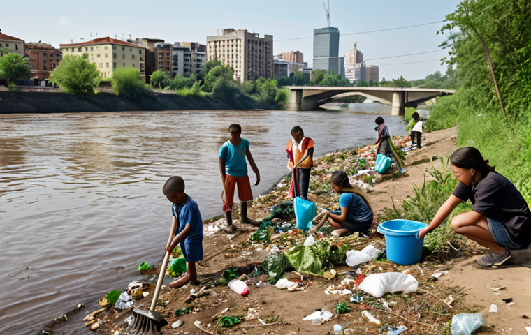 **

A group of diverse people (adults and children) are cleaning up a riverbank, collecting trash. Some are planting trees. The river is flowing with fairly clean water and some fish can be seen. The background shows a cityscape blending with nature, symbolizing community involvement in environmental restoration. The overall tone is hopeful and bright.

**