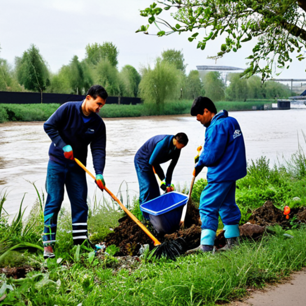 **Prompt:** A volunteer group cleaning up a riverbank, picking up trash and planting small trees. Background shows a mix of urban and natural elements. fully clothed, appropriate attire, safe for work, perfect anatomy, natural proportions, family-friendly, professional photography, high quality.