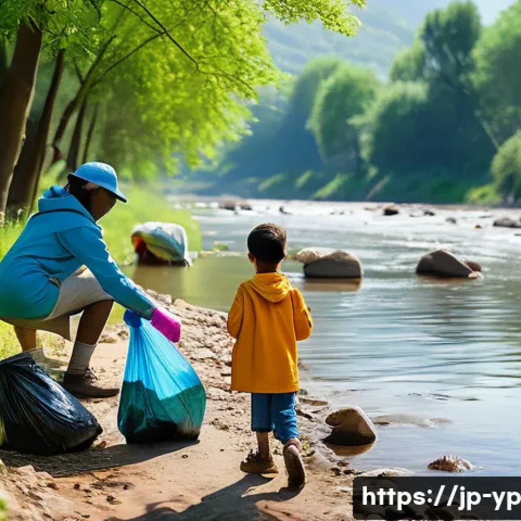 하천 생태계 보호를 위한 캠페인 기획법 - **Prompt:** A group of diverse families cheerfully participating in a river cleanup. Children wearin...