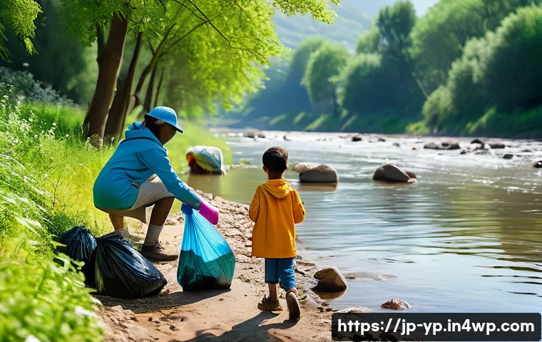 하천 생태계 보호를 위한 캠페인 기획법 - **Prompt:** A group of diverse families cheerfully participating in a river cleanup. Children wearin...