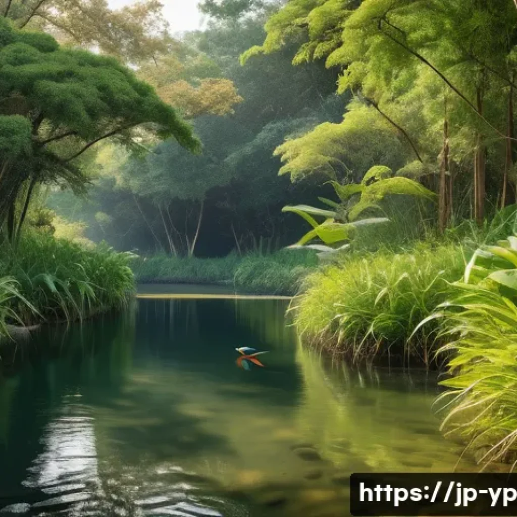 하천 생태계 복원과 물 관리 정책의 통합 - **A Vibrant River Ecosystem Reborn**
    A wide-angle shot of a beautifully restored Japanese river,...