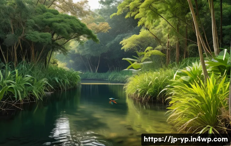 하천 생태계 복원과 물 관리 정책의 통합 - **A Vibrant River Ecosystem Reborn**
    A wide-angle shot of a beautifully restored Japanese river,...