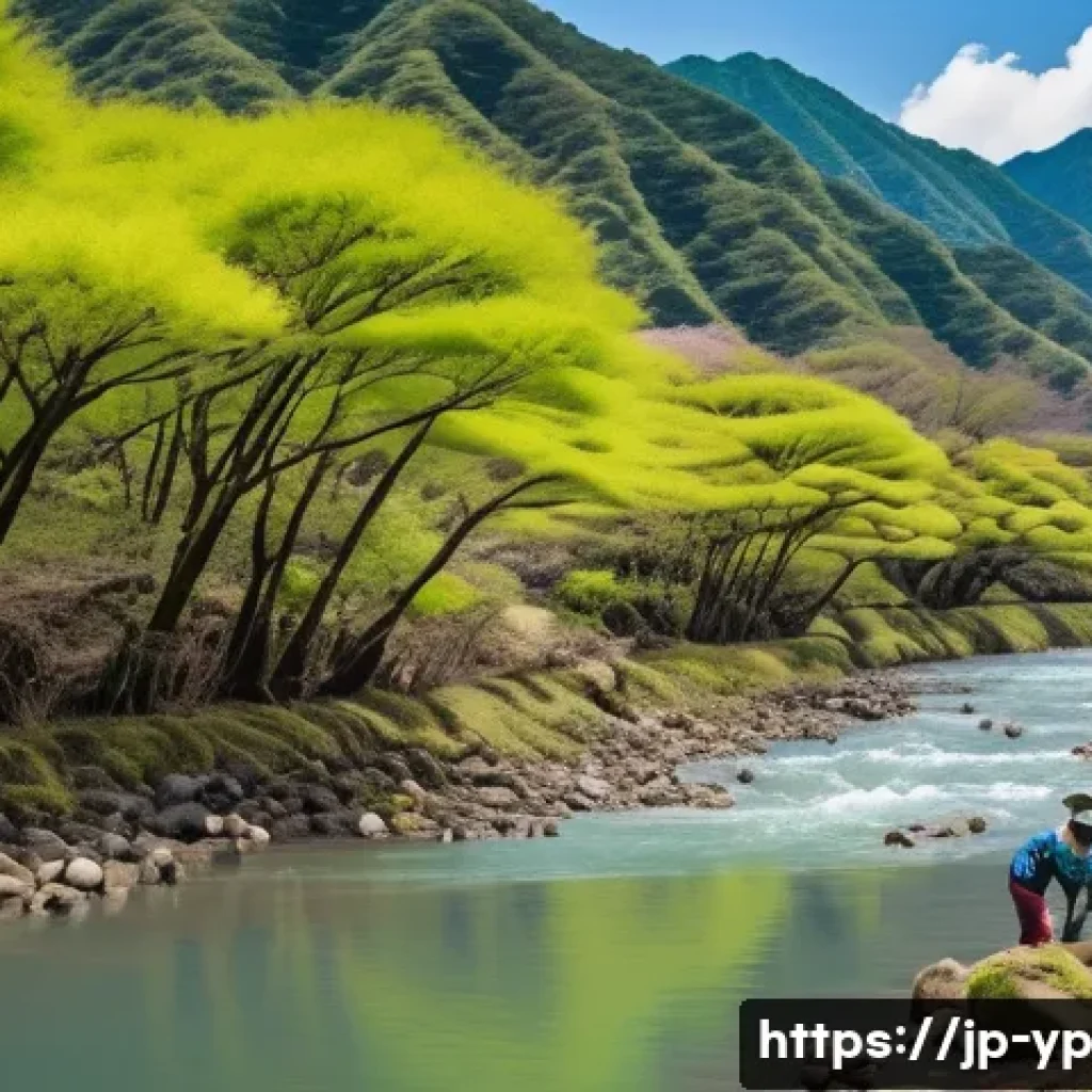 하천 생태계 복원 참여를 위한 자원봉사 리더십 - A vibrant riverside ecosystem restoration scene in Japan during spring, showcasing a gently flowing ...