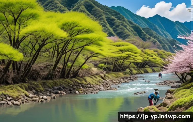 하천 생태계 복원 참여를 위한 자원봉사 리더십 - A vibrant riverside ecosystem restoration scene in Japan during spring, showcasing a gently flowing ...