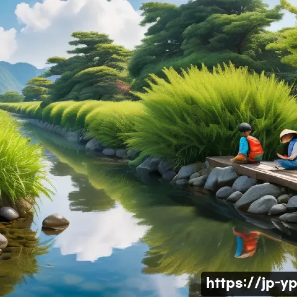 하천 생태계 복원에 대한 교육 비디오 제작하기 - A serene Japanese small river scene featuring a natural riverbank restoration project with stones an...