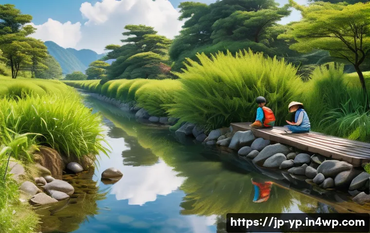 하천 생태계 복원에 대한 교육 비디오 제작하기 - A serene Japanese small river scene featuring a natural riverbank restoration project with stones an...