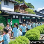 하천 생태계 복원 참여를 위한 캠페인 전략 - A vibrant community river cleanup event in Japan featuring diverse local residents including childre...