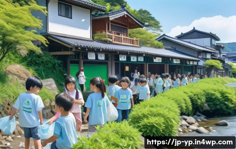 하천 생태계 복원 참여를 위한 캠페인 전략 - A vibrant community river cleanup event in Japan featuring diverse local residents including childre...