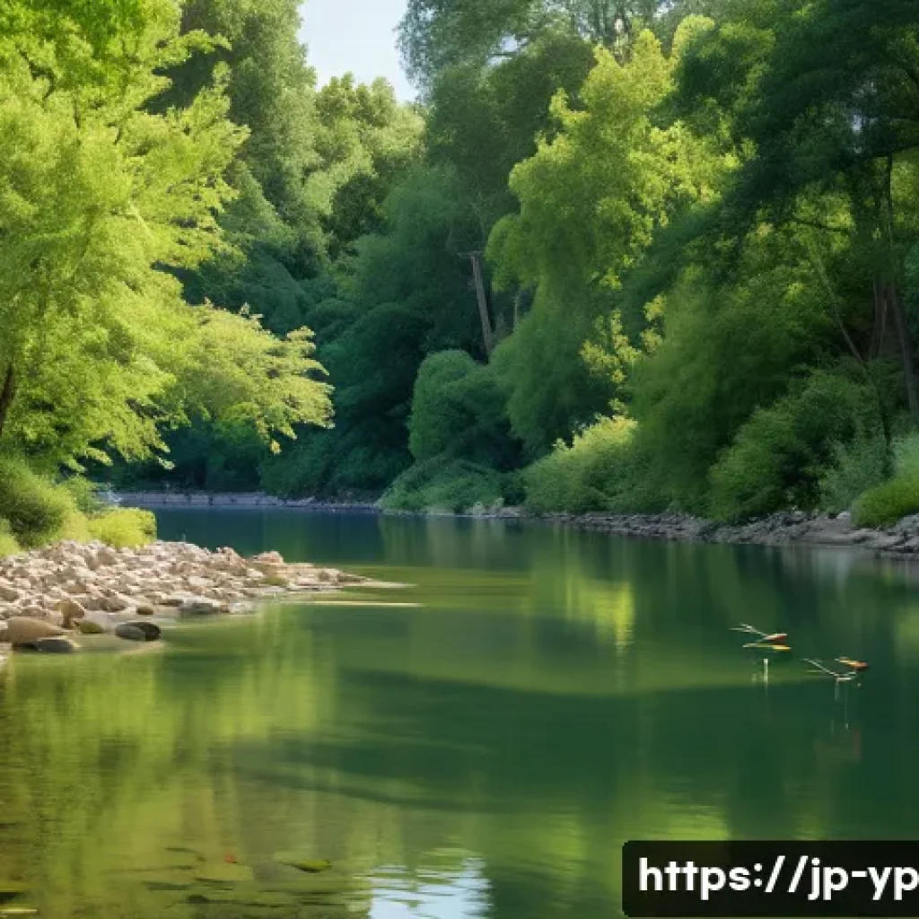 하천 생태계 복원과 지역 생물 다양성 보존 - A serene river scene showcasing a gently meandering waterway restored to its natural curved shape, w...