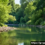 하천 생태계 복원과 지역 생물 다양성 보존 - A serene river scene showcasing a gently meandering waterway restored to its natural curved shape, w...