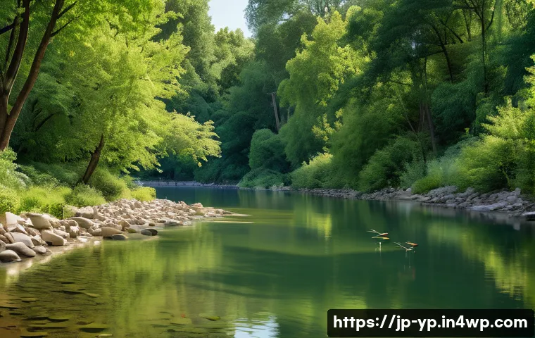 하천 생태계 복원과 지역 생물 다양성 보존 - A serene river scene showcasing a gently meandering waterway restored to its natural curved shape, w...