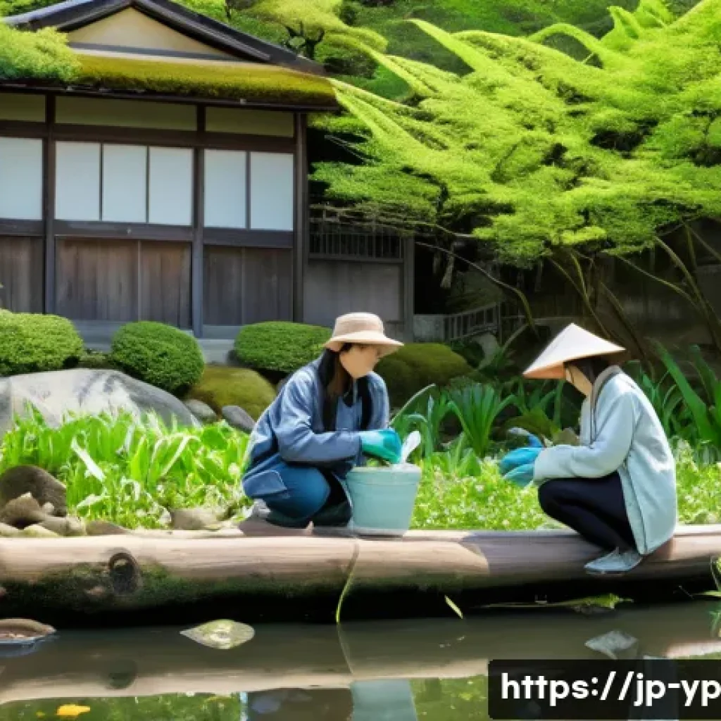 하천 생태계 복원 참여자의 동기 부여하기 - A serene riverside scene in early spring in Japan, featuring lush green vegetation along clean, gent...