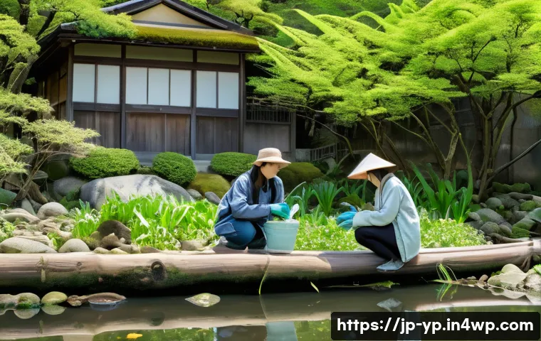 하천 생태계 복원 참여자의 동기 부여하기 - A serene riverside scene in early spring in Japan, featuring lush green vegetation along clean, gent...