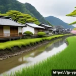 하천 생태계 복원과 생태 회복력 강화를 위한 노력 - A serene riverside scene in a Japanese countryside during spring, showcasing native vegetation resto...