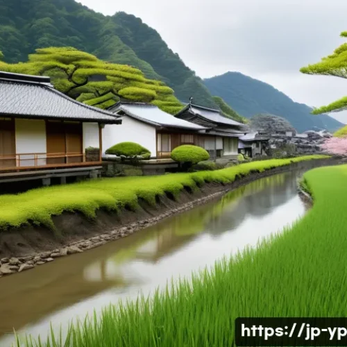 하천 생태계 복원과 생태 회복력 강화를 위한 노력 - A serene riverside scene in a Japanese countryside during spring, showcasing native vegetation resto...