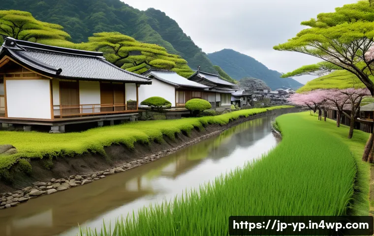 하천 생태계 복원과 생태 회복력 강화를 위한 노력 - A serene riverside scene in a Japanese countryside during spring, showcasing native vegetation resto...