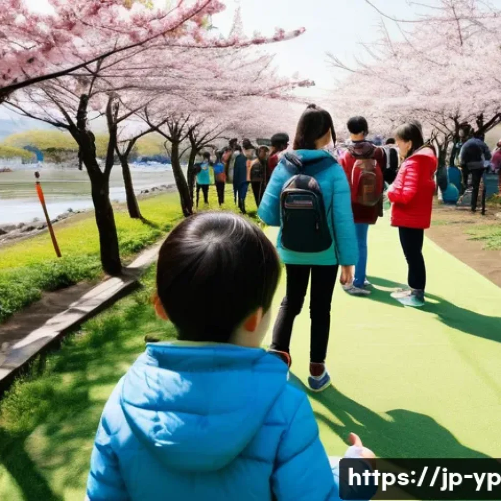 하천 생태계 복원 참여의 효과적인 실행 방법 - A lively community environmental event at a Japanese riverside festival during spring, featuring loc...