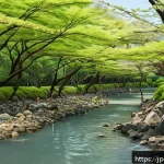 하천 생태계 복원 참여를 위한 소셜 미디어 활용 - A vibrant community river restoration event in Japan during spring, featuring diverse local families...