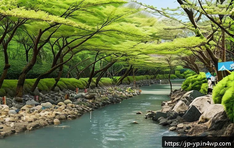 하천 생태계 복원 참여를 위한 소셜 미디어 활용 - A vibrant community river restoration event in Japan during spring, featuring diverse local families...