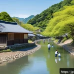 하천 생태계 복원 프로젝트의 운영과 관리 - A vibrant riverside scene in a Japanese rural town, showing local residents of various ages&mdash;includin...