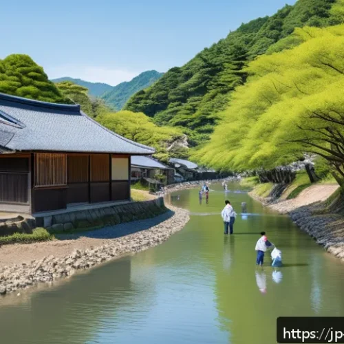 하천 생태계 복원 프로젝트의 운영과 관리 - A vibrant riverside scene in a Japanese rural town, showing local residents of various ages&mdash;includin...