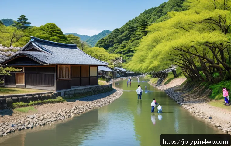 하천 생태계 복원 프로젝트의 운영과 관리 - A vibrant riverside scene in a Japanese rural town, showing local residents of various ages&mdash;includin...