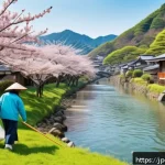 하천 생태계 복원 참여를 위한 네트워크 전략 - A vibrant riverside community cleanup scene in Japan during spring, featuring diverse local resident...