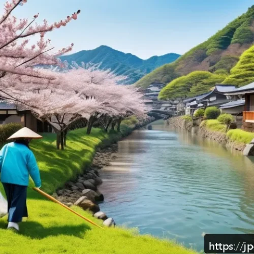 하천 생태계 복원 참여를 위한 네트워크 전략 - A vibrant riverside community cleanup scene in Japan during spring, featuring diverse local resident...