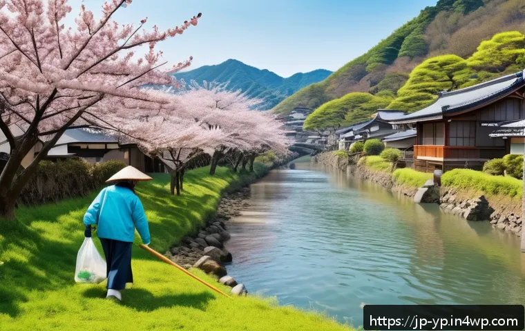 하천 생태계 복원 참여를 위한 네트워크 전략 - A vibrant riverside community cleanup scene in Japan during spring, featuring diverse local resident...