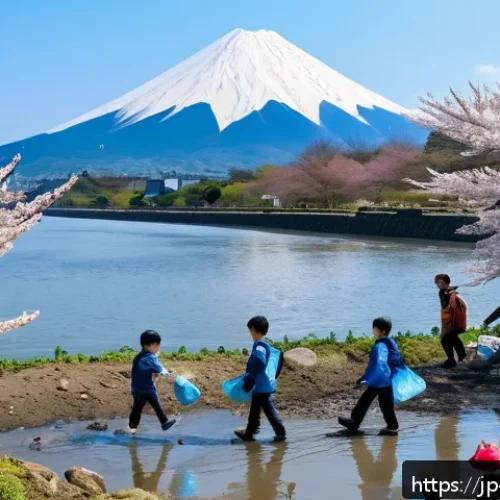 하천 생태계 복원 참여를 위한 지역 행사 개최 - A vibrant community river cleanup event in Japan during spring, featuring diverse local residents in...
