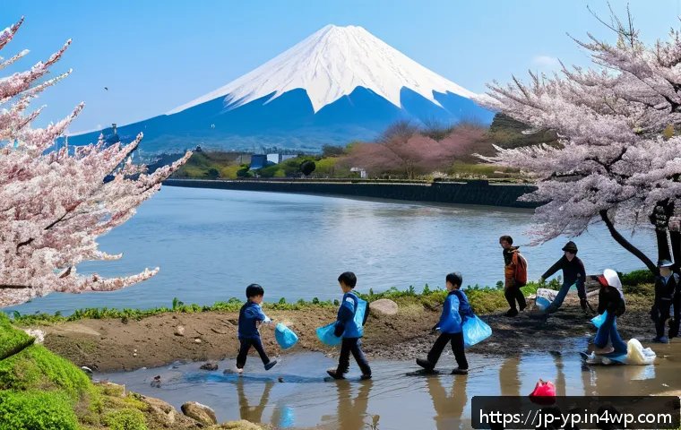 하천 생태계 복원 참여를 위한 지역 행사 개최 - A vibrant community river cleanup event in Japan during spring, featuring diverse local residents in...