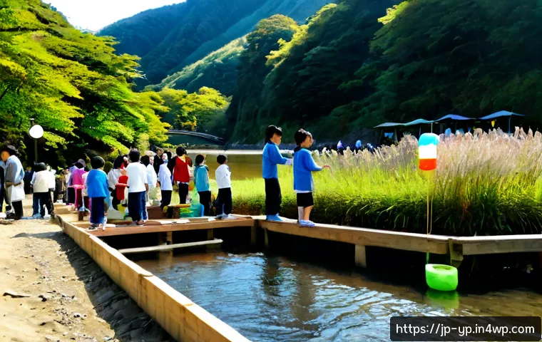 하천 생태계 복원 참여를 위한 지역 축제 활용 전략 - Photorealistic riverside community festival in Japan supporting stream ecosystem restoration, divers...