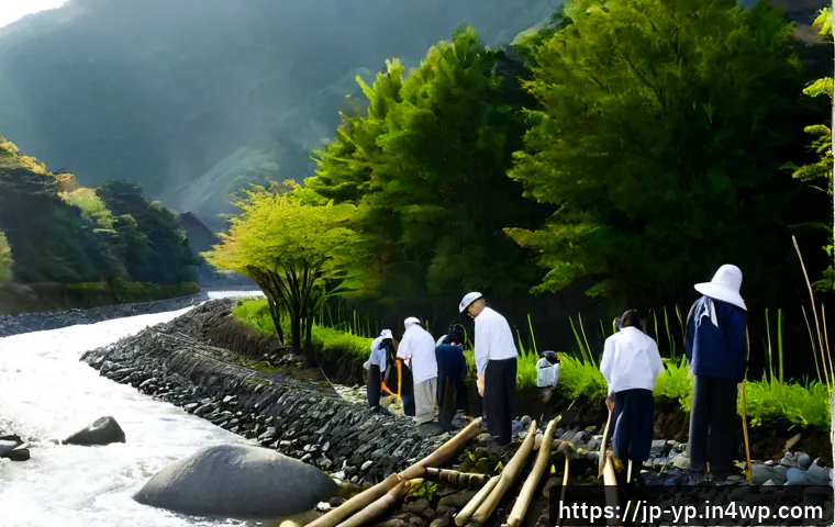 하천 생태계 복원 참여의 장기적 목표 설정 - Photorealistic riverside ecosystem restoration project in rural Japan, diverse community volunteers ...