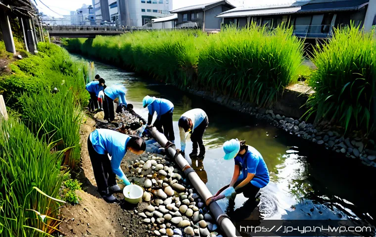 하천 생태계 복원과 자원봉사 활동의 중요성 - Photorealistic wide-angle scene of Japanese community volunteers restoring a shallow urban river, di...